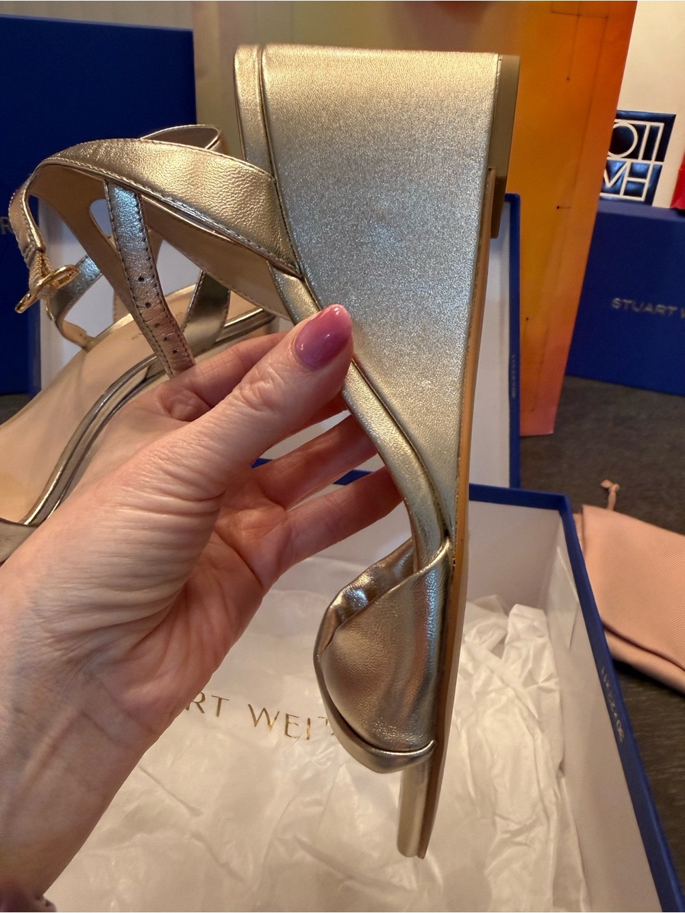 Stuart Weitzman Metallic Gold Ankle-Strap Wedge Espadrilles - Picture 7 of 8